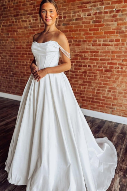 Off Shoulder A Line Satin Wedding Dresses for Bride Corset Wedding Gowns HE1238