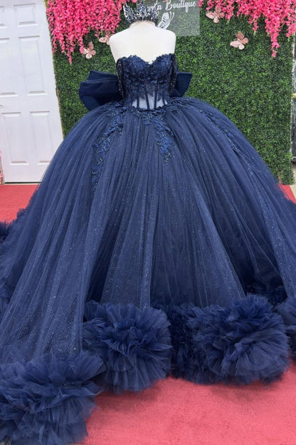 Off Shoulder Tulle Appliqued Quinceanera Dresses Navy Ruffled Corset Sweet 16 Party Gowns HE1214