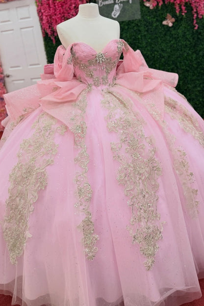 Tulle Lace Appliqued Sweet 15 Quinceanera Dresses Off Shoulder Pink Party Gowns HE1410