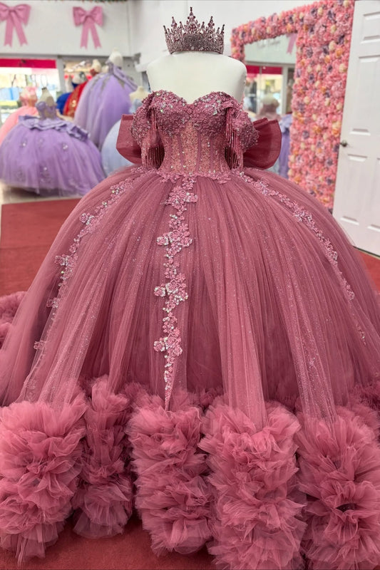 Princess Off Shoulder Tulle Ruffled Quinceanera Dresses Ball Gown Sweet 16 Party Gown HE1218