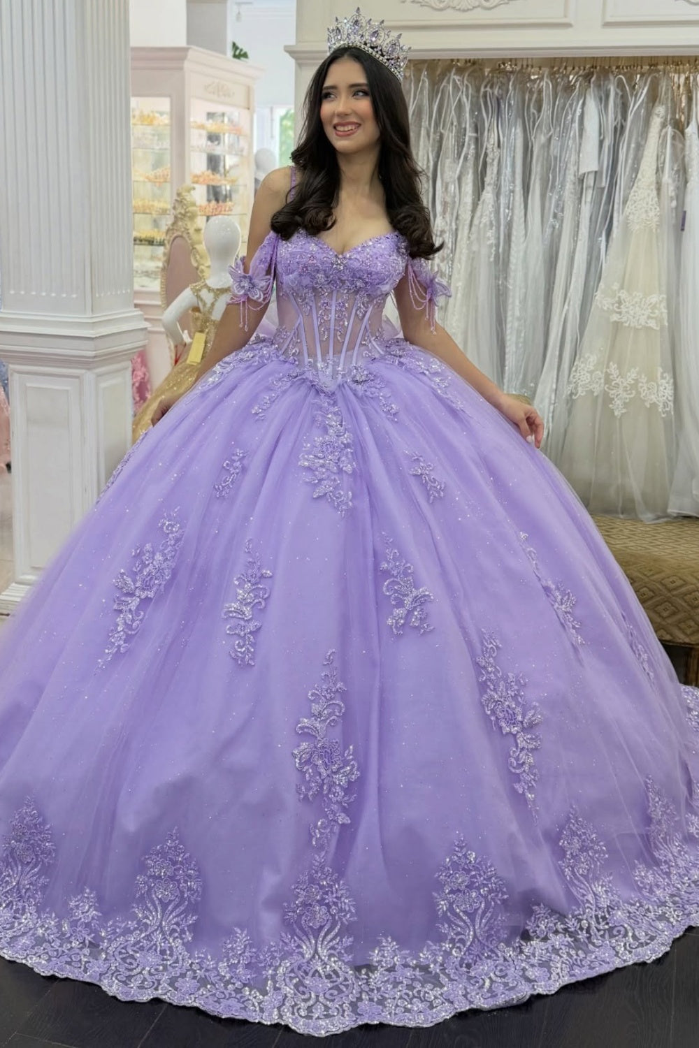 Princess Off Shoulder Lilac Quinceanera Dresses Lace Appliqued Sweet 15 Party Gowns HE1399