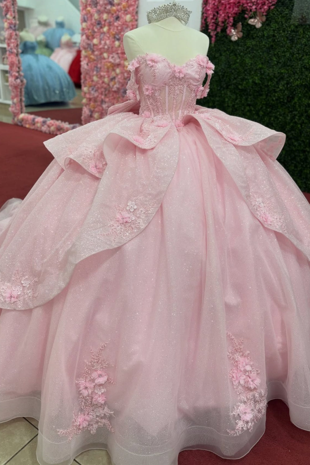 Off Shoulder Lace Appliqued Pink Quinceanera Dresses Corset Ruffled Sweet 15 Party Gown HE1279