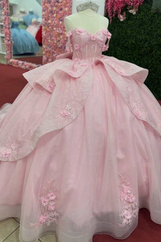 Off Shoulder Lace Appliqued Pink Quinceanera Dresses Corset Ruffled Sweet 15 Party Gown HE1279