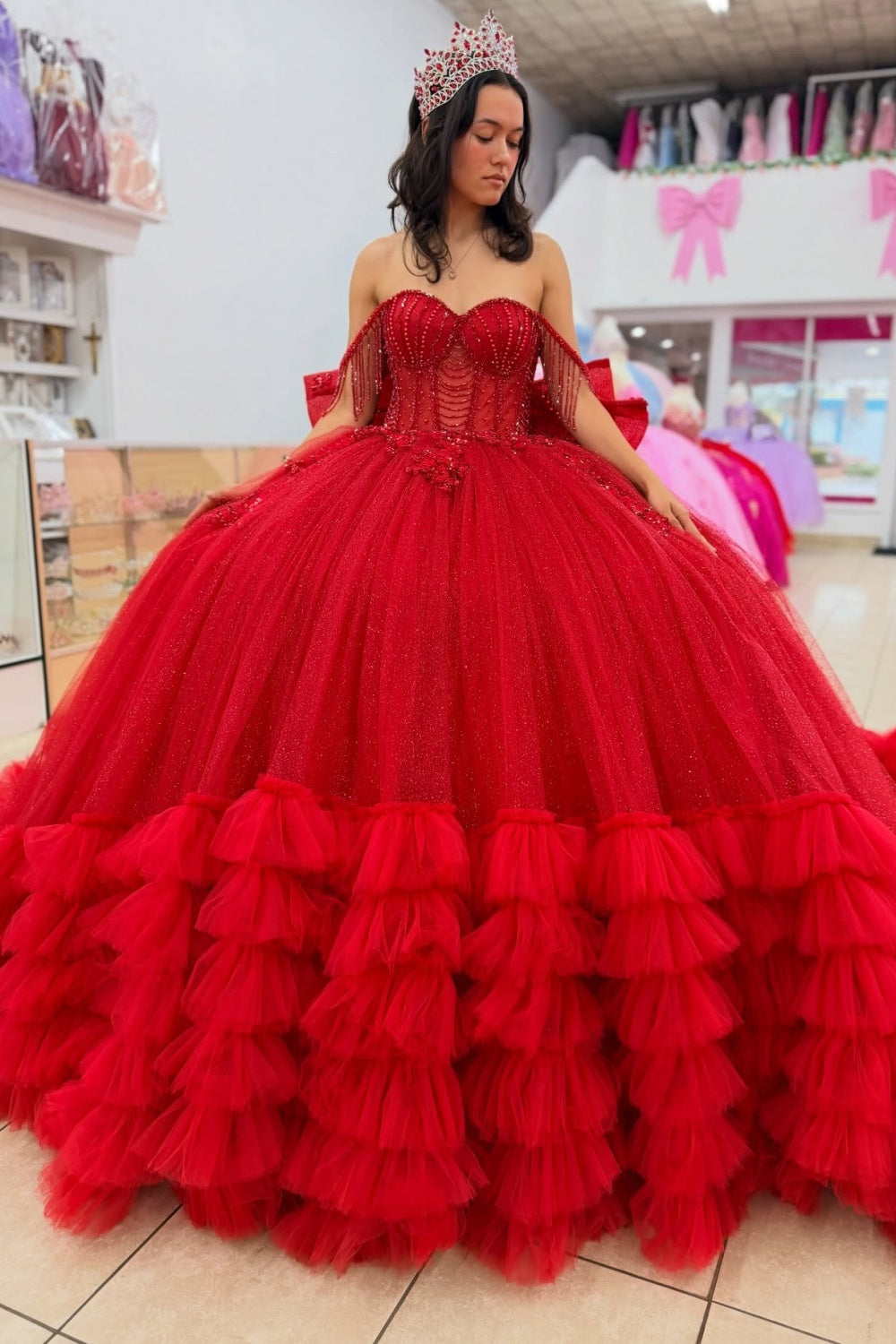Princess Tulle Ruffled Red Quinceanera Dresses Off Shoulder Sweet 15 Birthday Gown HE1407