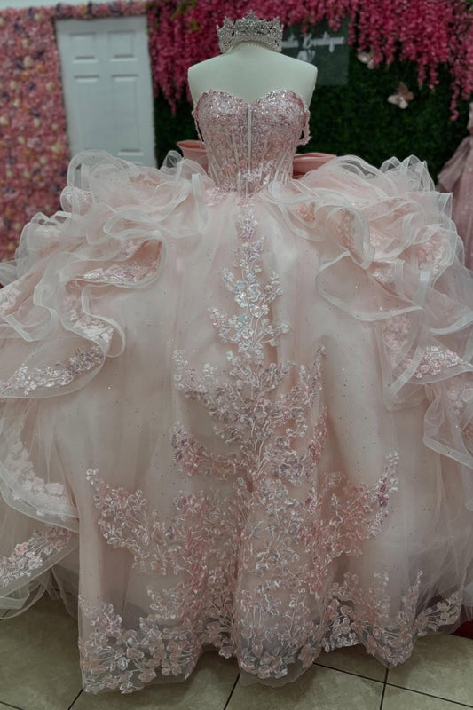 Ball Gown Tulle Tiered Pink Quinceanera Dresses Lace Appliqued Sweet 15 Party Gown HE1390