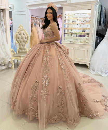 Gorgeous Tulle Lace Sweet 16 Quinceanera Dresses V Neck Crystal Birthday Party Gowns HE1229