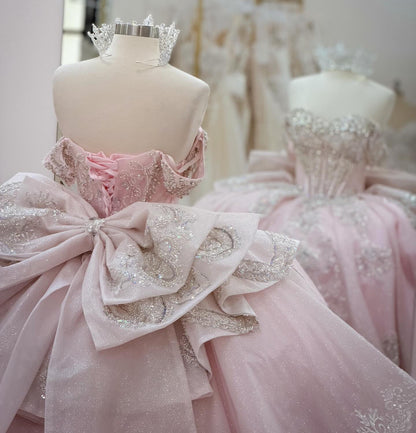 Off Shoulder Pink Quinceanera Dresses Lace Beaded Ball Gown Sweet 16 Party Dress HE1278