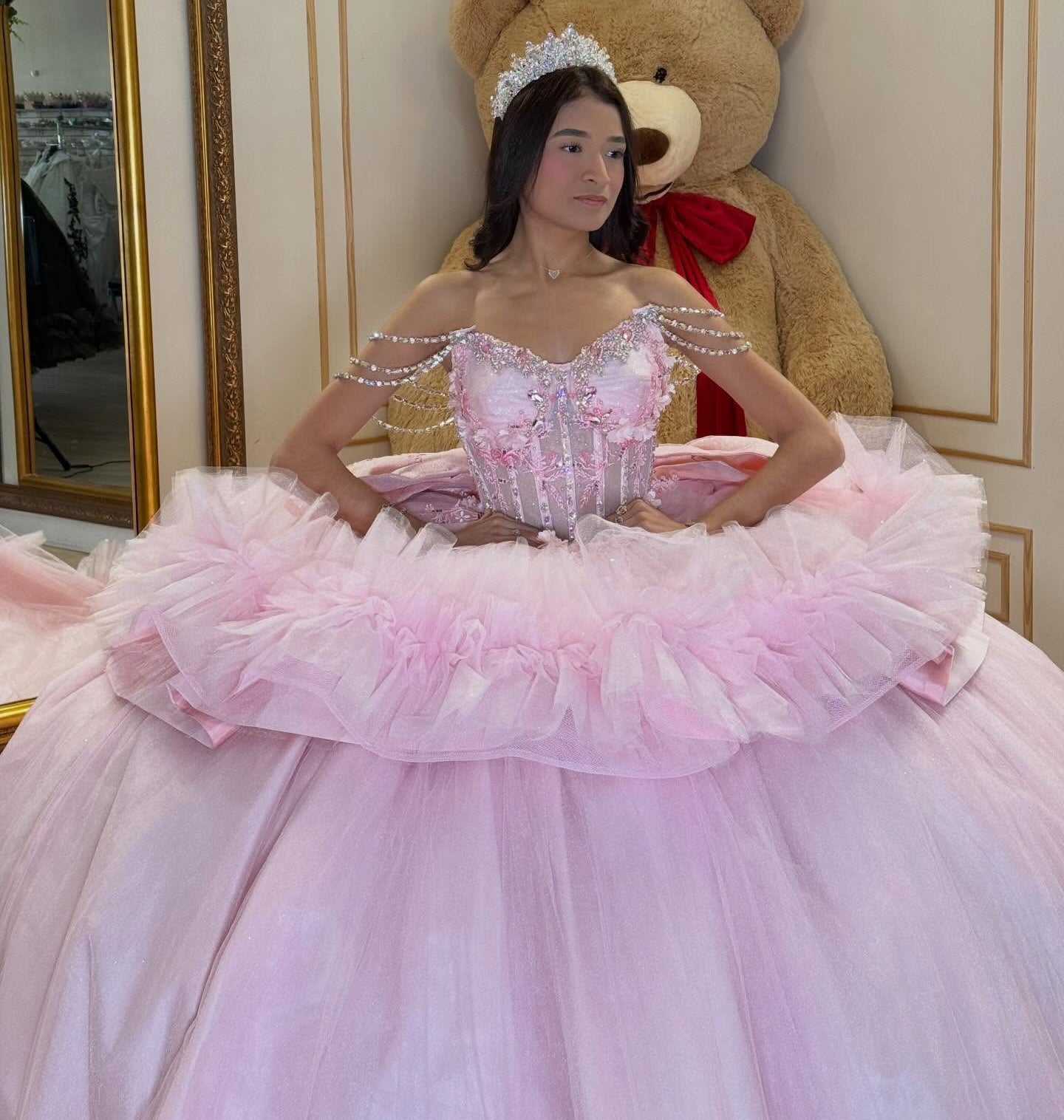 Off Shoulder Pink Quinceanera Dresses Tulle Beaded Corset Sweet 16 Party Gowns HE1353