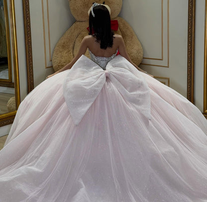 Sweetheart Luxury Crystal Beaded Pink Quinceanera Dresses Tulle Birthday Dress for Sweet 15 HE1355