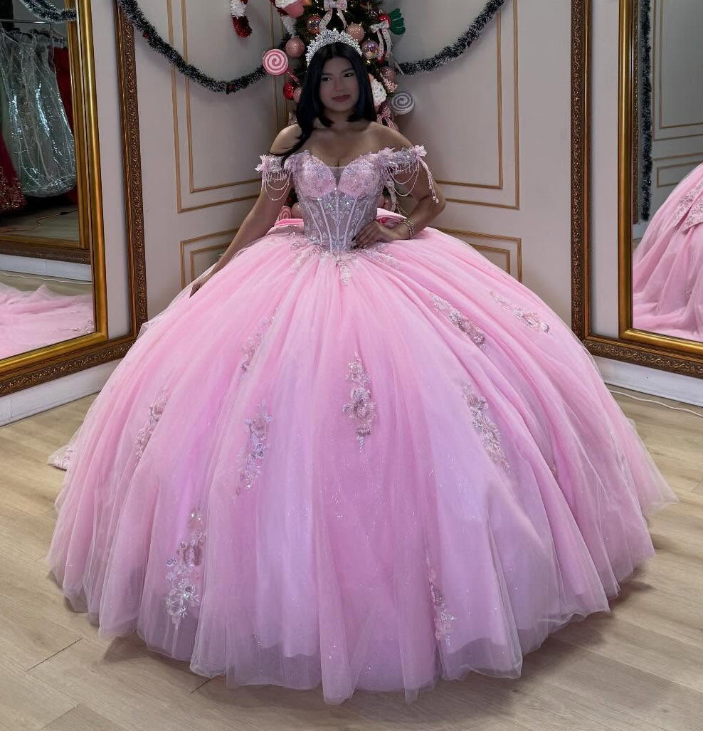 Off Shoulder Princess Sweet 16 Quinceanera Dresses Pink Corset Birthda