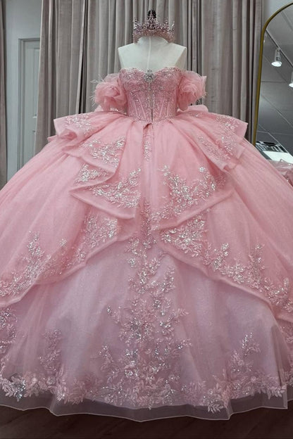 Tulle Lace Appliqued Pink Quinceanera Dresses Ball Gown Sweet 15 Birthday Gowns HE1301