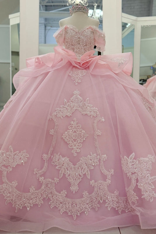 Ball Gown Lace Appliqued Pink Quinceanera Dresses Sweet 15 Off Shoulder Party Gown HE1397