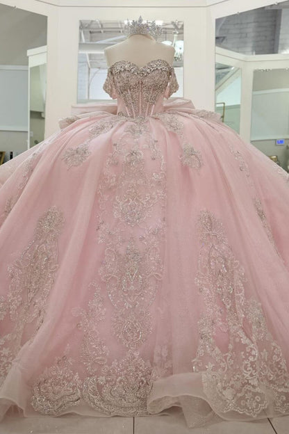 Off Shoulder Pink Quinceanera Dresses Lace Beaded Ball Gown Sweet 16 Party Dress HE1278