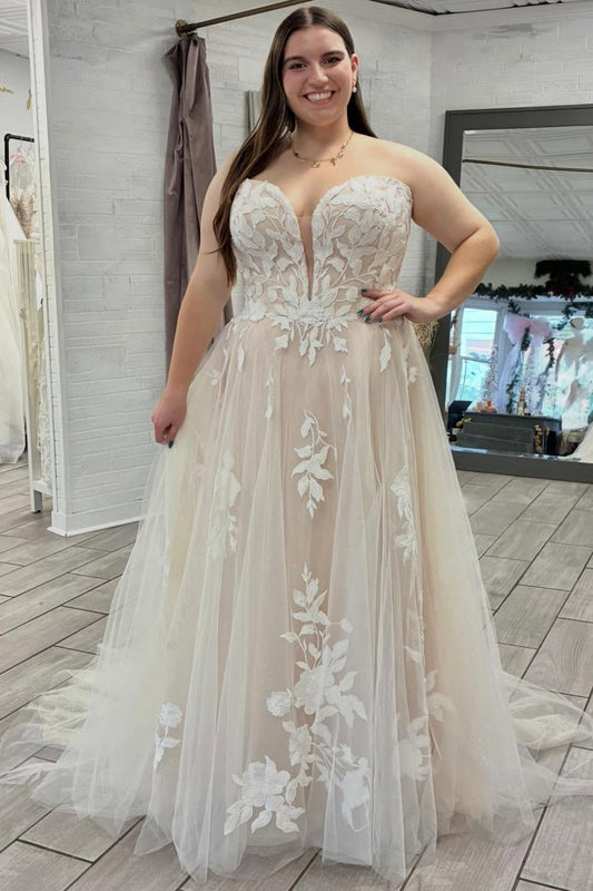 Plus Size Tulle Lace Appliqued Boho Wedding Dresses for Bride A Line Wedding Gowns HE1447