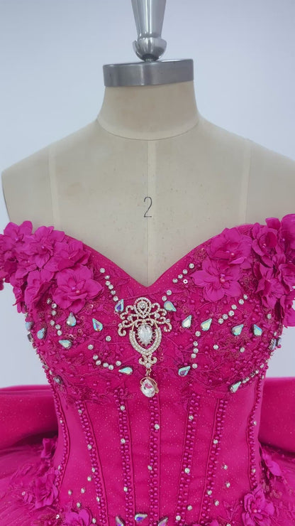 Vestidos de quinceañera fucsia con tul brillante y flores 3D HE518