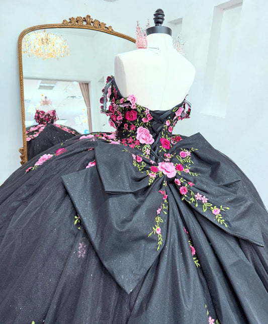 Off Shoulder Tulle 3D Flower Black Quinceanera Dresses Princess Sweet 15 Party Dress HE1294