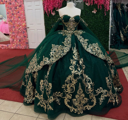 Gorgeous Lace Crystal Beaded Green Quinceanera Dresses Off Shoulder Sweet 15 Party Gown HE1398