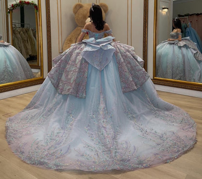 Vestidos de quinceañera con hombros descubiertos, tul princesa, apliques, vestidos de quinceañera HE530