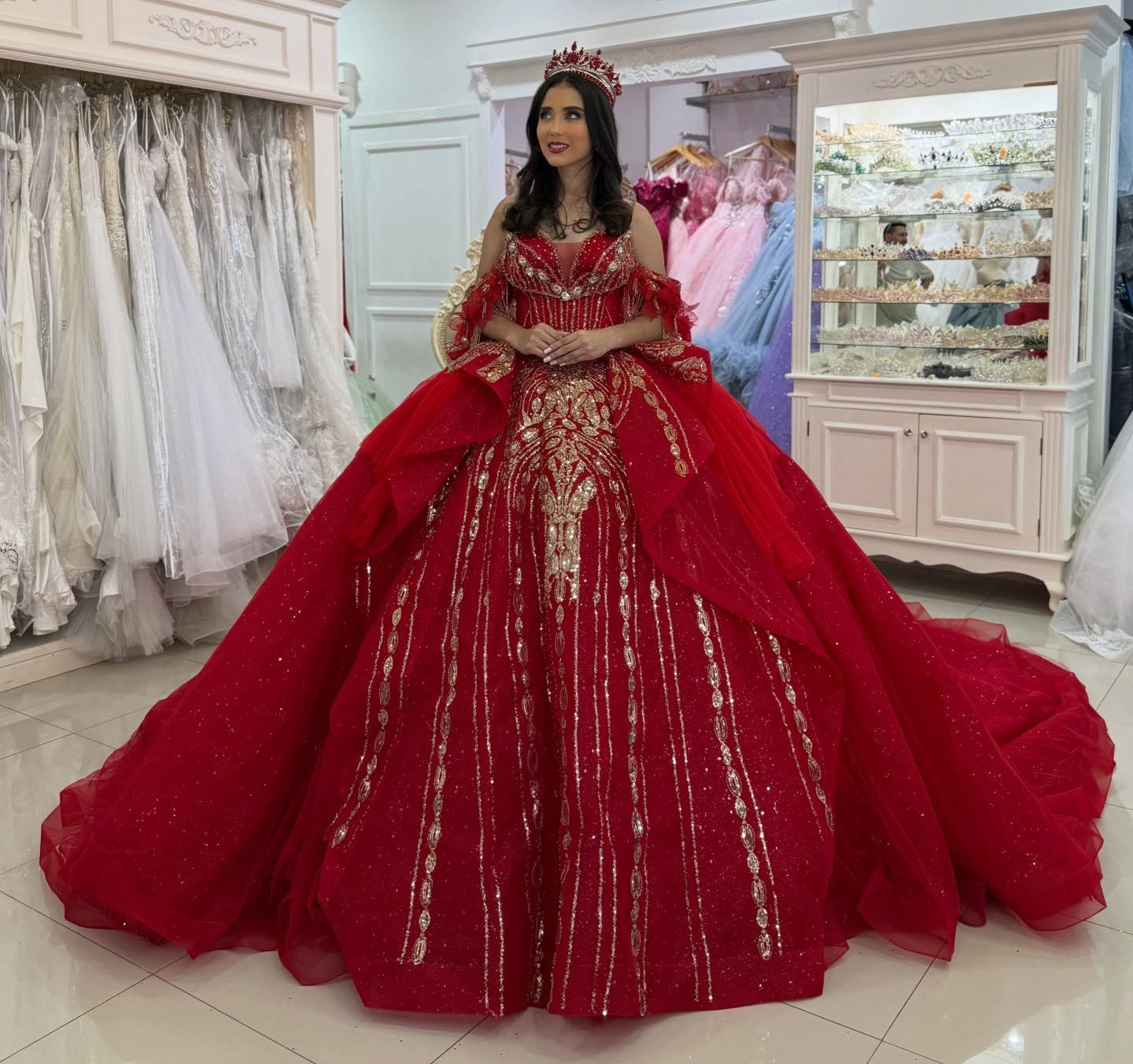 Princess Red Quinceanera Dresses Off Shoulder Lace Beaded Sweet 16 Party Gowns HE1263