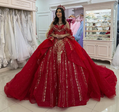 Princess Red Quinceanera Dresses Off Shoulder Lace Beaded Sweet 16 Party Gowns HE1263