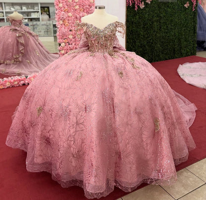 Luxury Lace Crystal Beaded Quinceanera Dresses Off Shoulder Sweet 16 Birthday Party Gowns HE1219