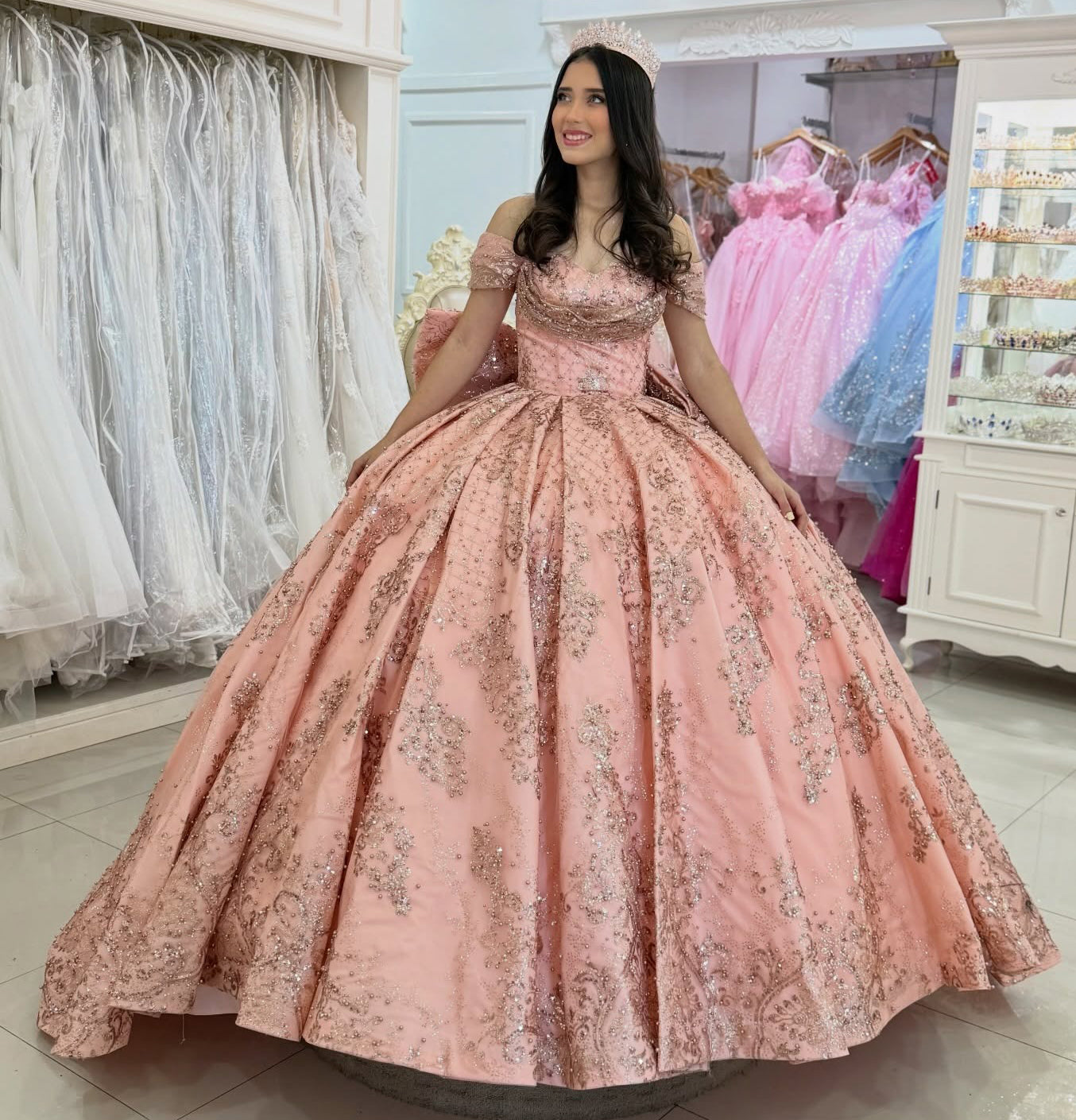 Off Shoulder Luxury Lace Beaded Quinceanera Dresses Tulle Bowknot Sweet 15 Party Dress HE1285 - As Picture / US18W