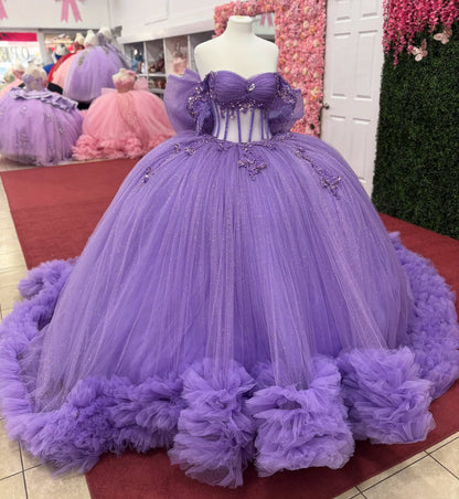 Ball Gown Tulle Corset Sweet 15 Quinceanera Dresses Off Shoulder Birthday Party Dress HE1221