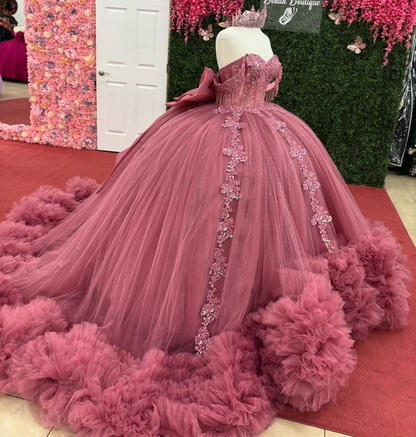 Princess Off Shoulder Tulle Ruffled Quinceanera Dresses Ball Gown Sweet 16 Party Gown HE1218