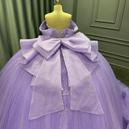 Glittery Tulle Lilac Quinceanera Dresses Appliqued Ruffled Sweet 16 Birthday Gowns HE1363