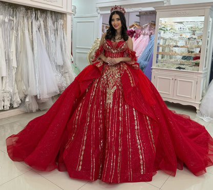 Princess Red Quinceanera Dresses Off Shoulder Lace Beaded Sweet 16 Party Gowns HE1263