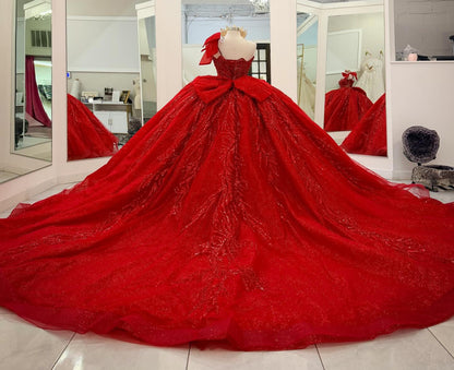 Princess Ball Gown Lace Beaded Red Quinceanera Dresses Sweet 16 Birthday Party Gown HE1254