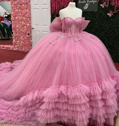 Tulle Ruffled Ball Gown Pink Quinceanera Dresses Gorgeous Sweet 16 Birthday Dress HE1224