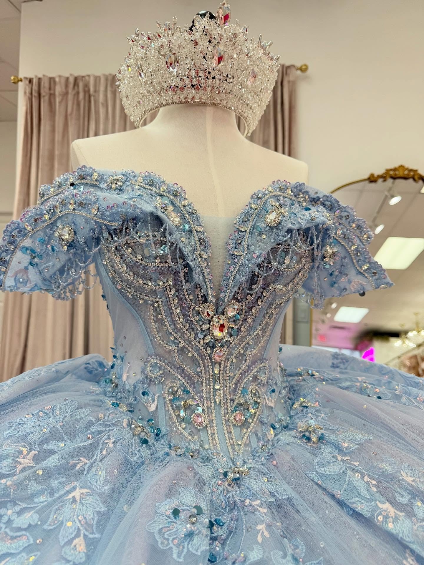 Glittery Tulle Lace Blue Quinceanera Dresses Off Shoulder Sweet 15 Birthday Photoshoot Gown HE1303