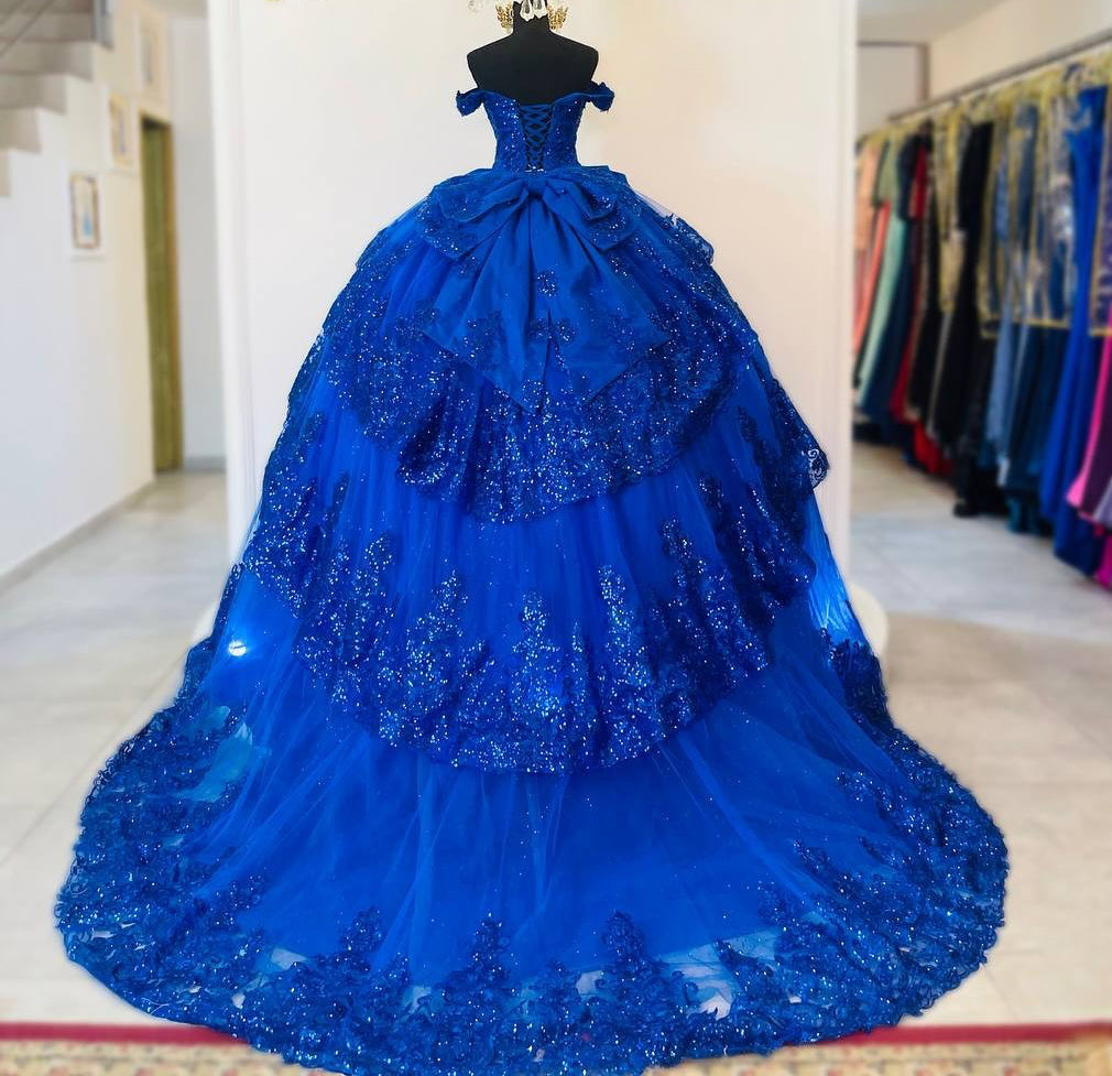 Princess Ball Gown Lace Appliqued Quinceanera Dresses Tulle Sweet 15 Party Gowns HE1386