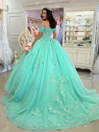 Vestidos de quinceañera con hombros descubiertos, tul princesa, apliques, vestidos de quinceañera HE530