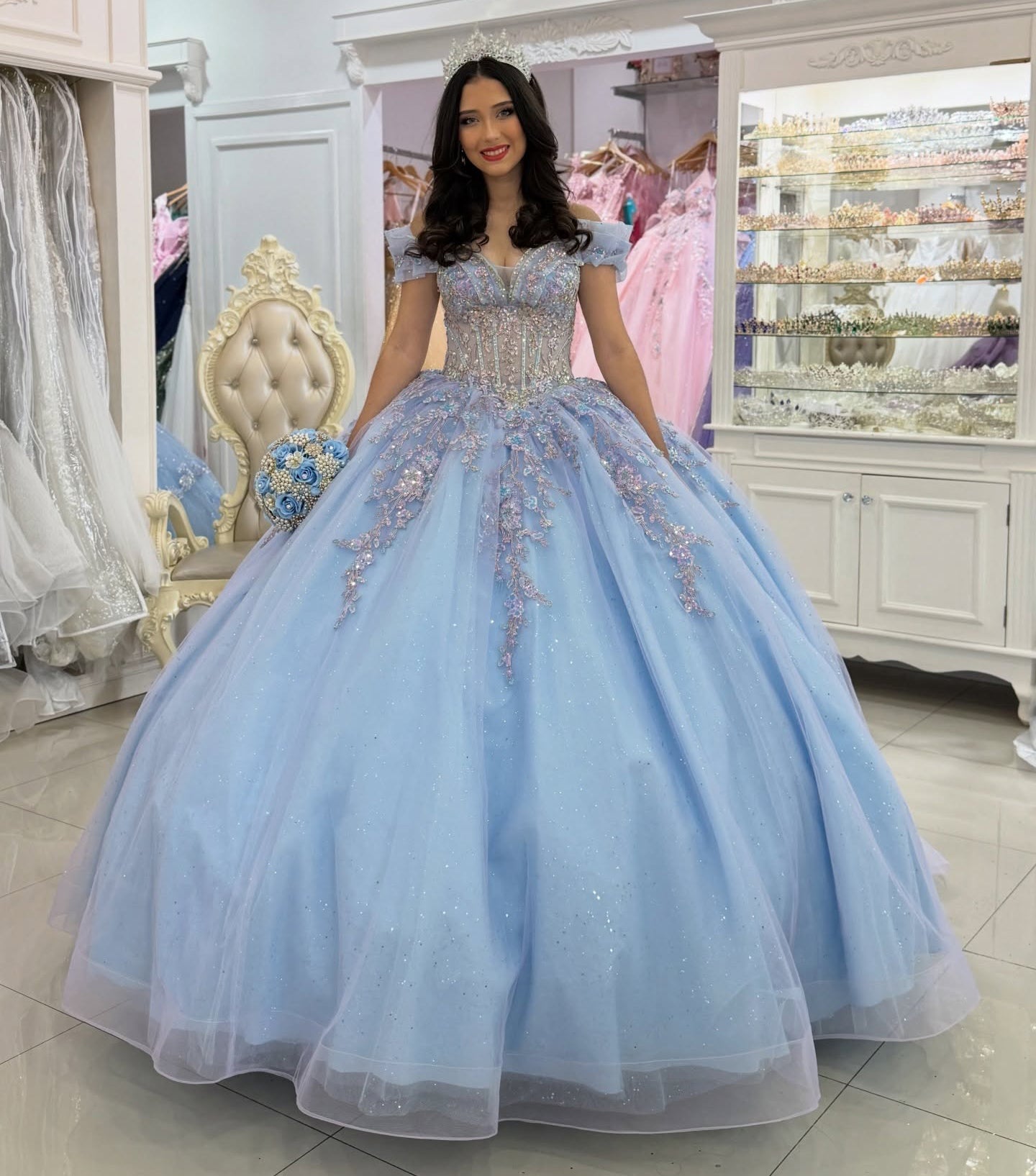 Off Shoulder Princess Quinceanera Dresses Blue Tulle Lace Beaded Party Dress for Sweet 16 HE1228