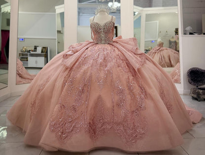 Ball Gown Lace Beaded Crystal Pink Quinceanera Dresses Sweetheart Party Gowns HE1255