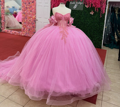 Glittery Tulle Crystal Beaded Pink Quinceanera Dresses Sweet 15 Party Gowns with Bowknot HE1409