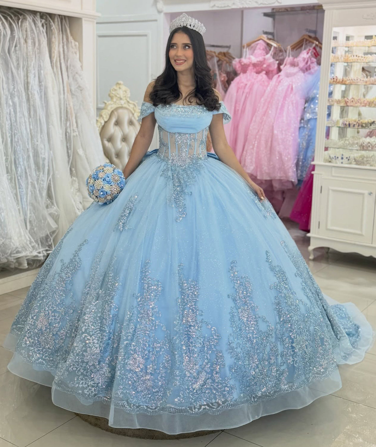 Off Shoulder Tulle Appliqued Blue Quinceanera Dresses Princess Party Gown for Sweet 15 HE1283