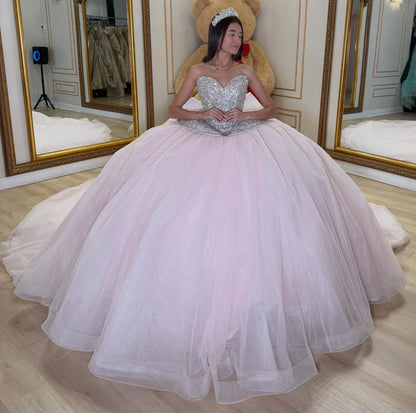 Sweetheart Luxury Crystal Beaded Pink Quinceanera Dresses Tulle Birthday Dress for Sweet 15 HE1355