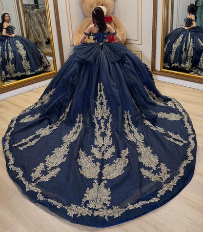 Princess Tulle Lace Appliqued Quinceanera Dresses Off Shoulder Sweet 15 Party Gown HE1356
