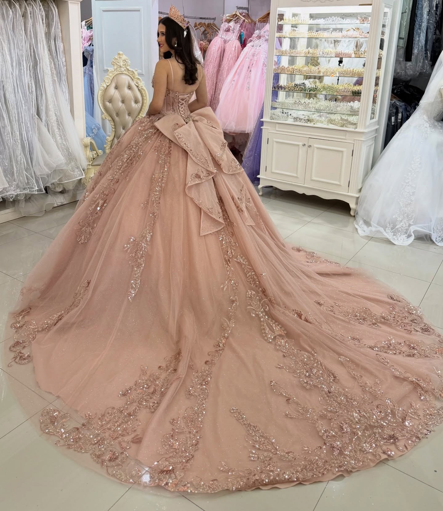 Gorgeous Tulle Lace Sweet 16 Quinceanera Dresses V Neck Crystal Birthday Party Gowns HE1229