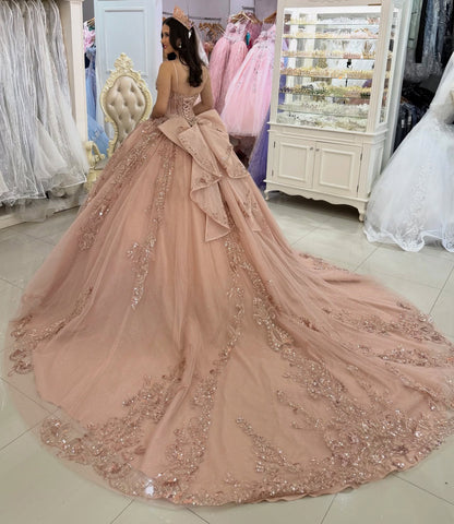 Gorgeous Tulle Lace Sweet 16 Quinceanera Dresses V Neck Crystal Birthday Party Gowns HE1229