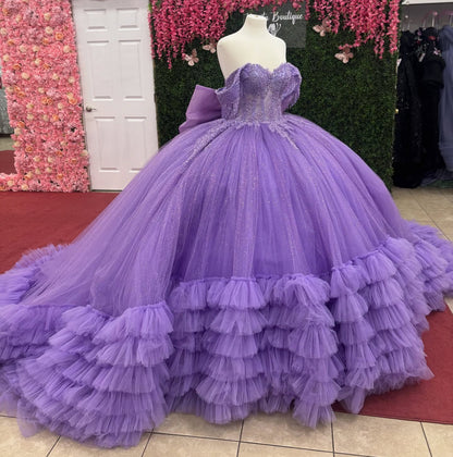 Glittery Tulle Ruffled Quinceanera Dresses Off Shoulder Corset Sweet 16 Party Dresses HE1225