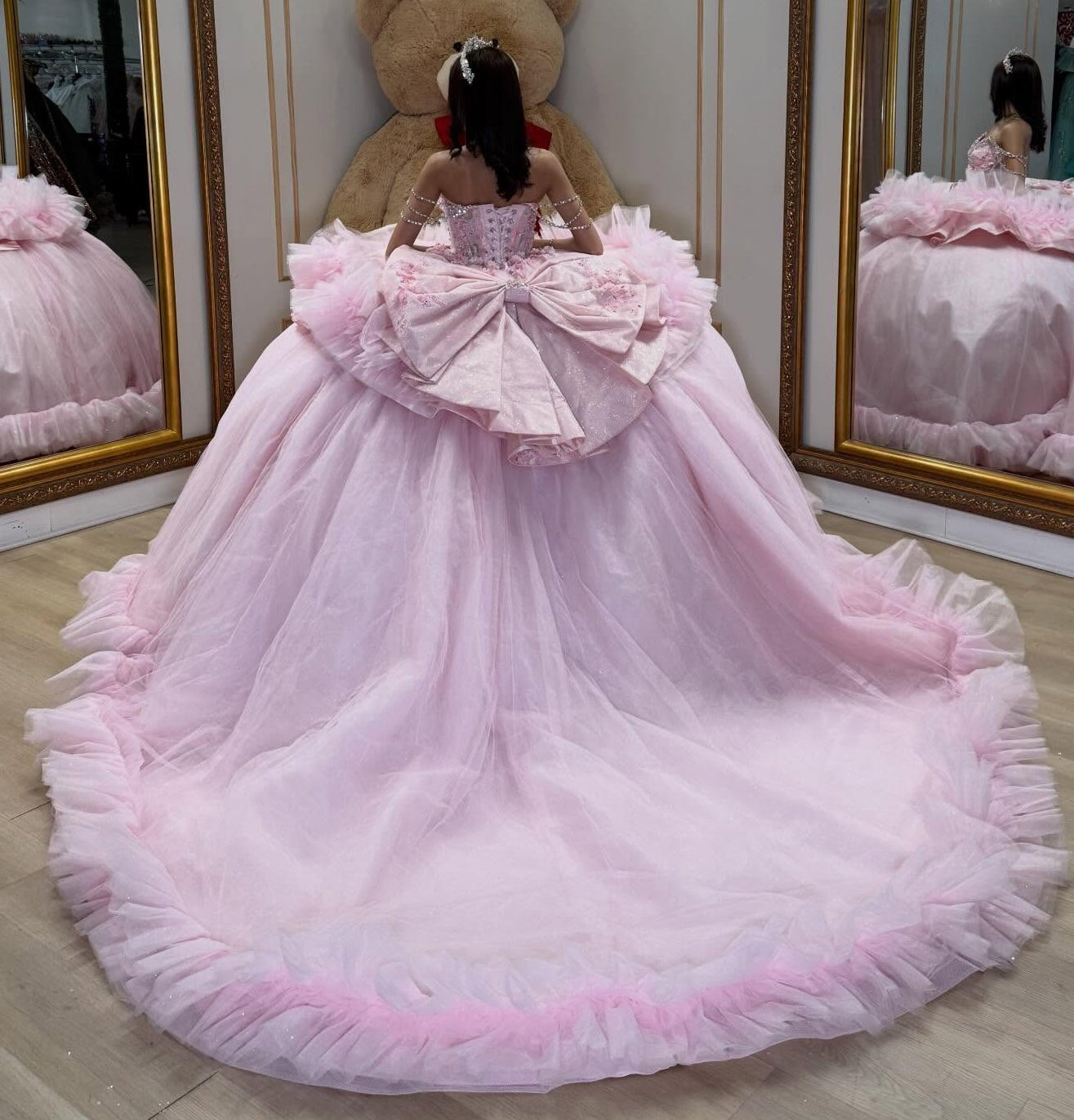 Off Shoulder Pink Quinceanera Dresses Tulle Beaded Corset Sweet 16 Party Gowns HE1353
