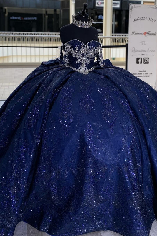 Glittery Tulle Crystal Beaded Quinceanera Dresses Ball Gown Blue Sweet 15 Birthday Gowns HE1365