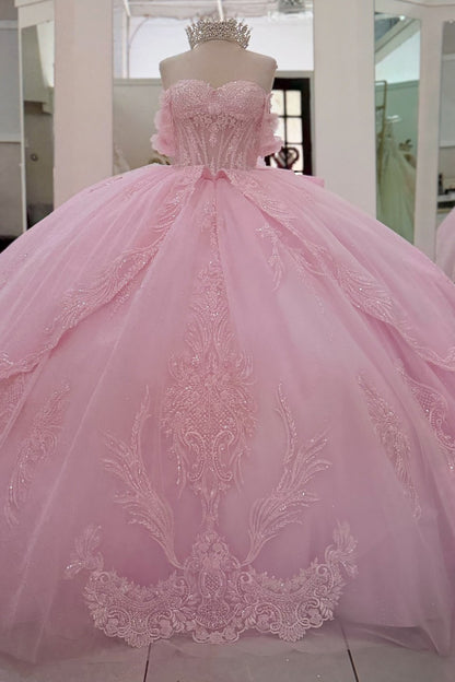 Princess Off Shoulder Pink Quinceanera Dresses Tulle Appliqued Birthday Gowns for Sweet 16 HE1361