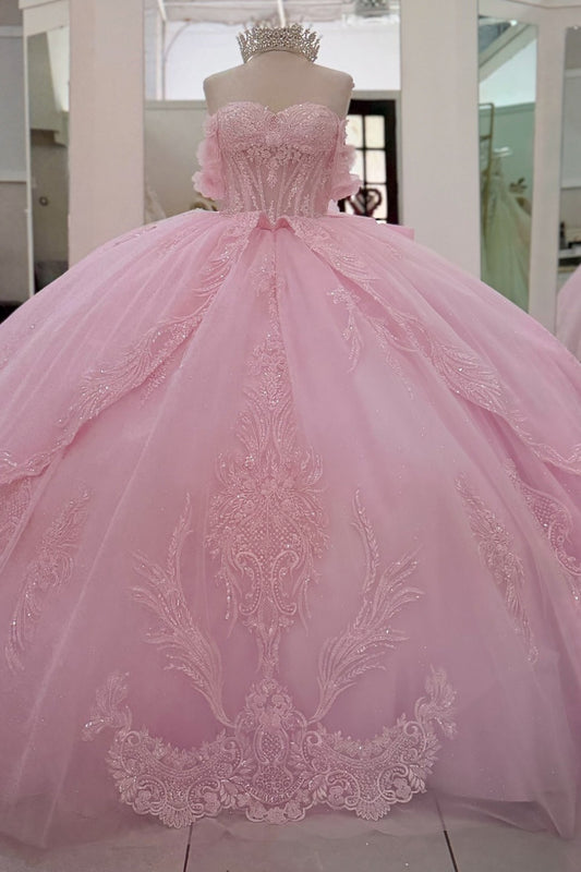 Princess Off Shoulder Pink Quinceanera Dresses Tulle Appliqued Birthday Gowns for Sweet 16 HE1361