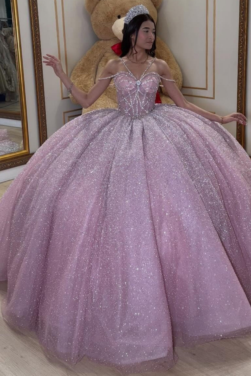 Glittery Tulle Crystal Beaded Pink Quinceanera Dresses Ball Gown Sweet 15 Party Dress HE1357