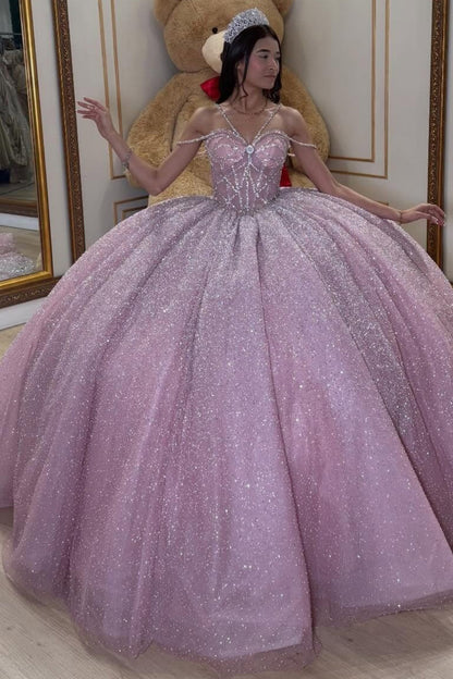 Glittery Tulle Crystal Beaded Pink Quinceanera Dresses Ball Gown Sweet 15 Party Dress HE1357